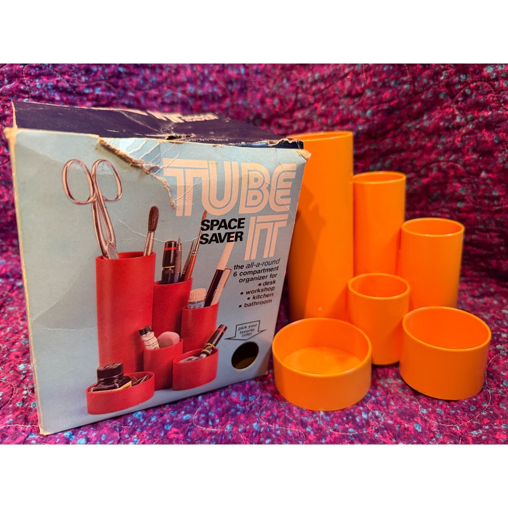1970 Tube It Space Saver space age Orange Desk Organizer Dynamic Italy MCM